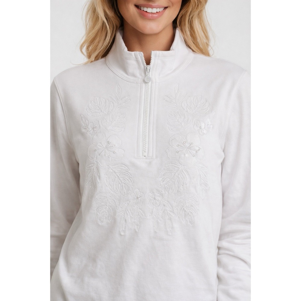 Tommy Bahama Women‎ Pullover XL White 1/2 Zip Embroidered Floral Sequins Cotton